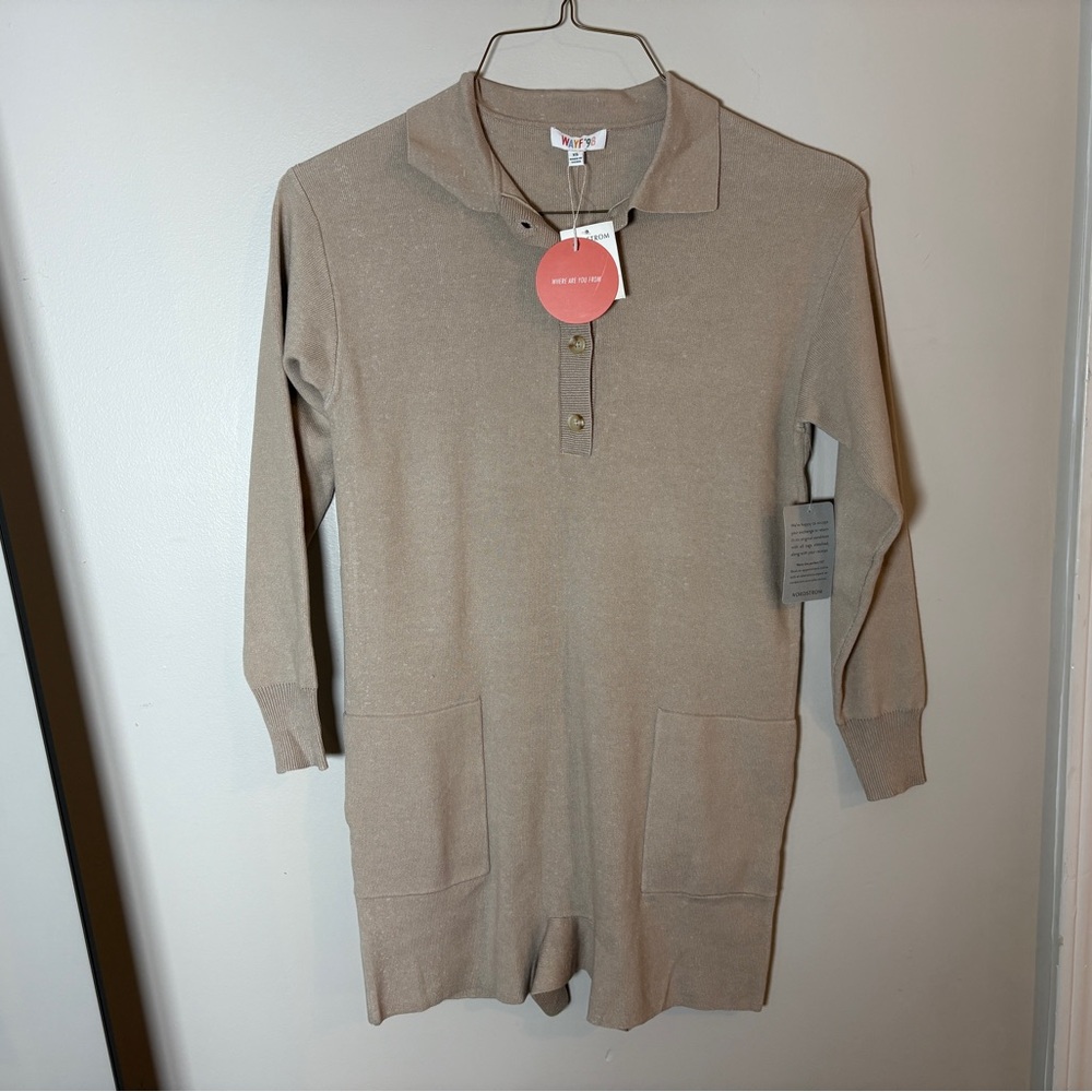 Wayf Beige Collared Top with Button Accents